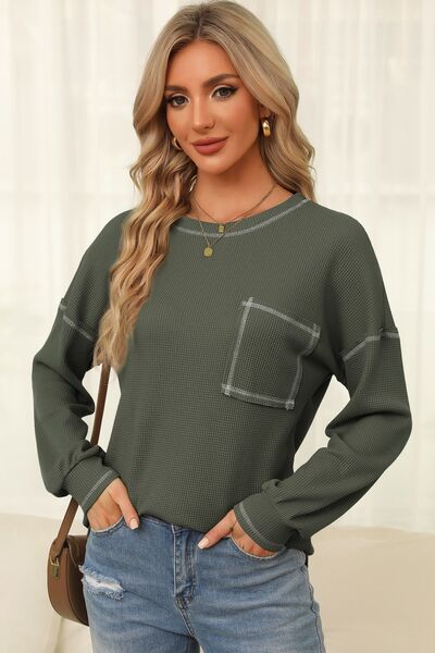 Contrast Stitching Waffle-Knit Round Neck Blouse