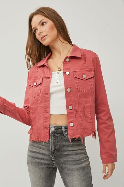 Risen Raw Hem Button Up Cropped Denim Jacket