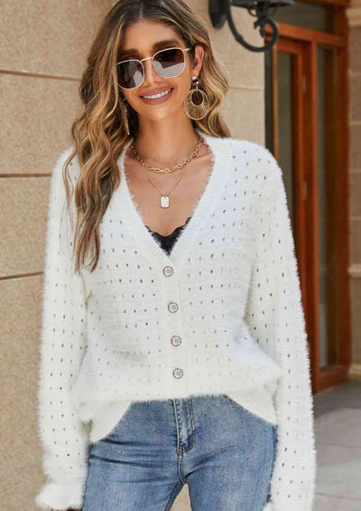 Nicole Flounce Sleeve Button-Up Fuzzy Cardigan
