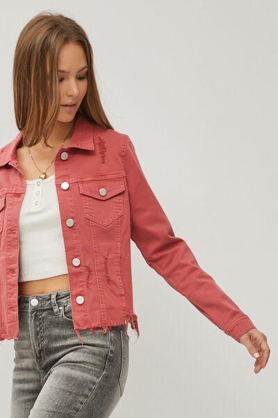 Risen Raw Hem Button Up Cropped Denim Jacket