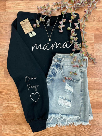 PREORDER: Embroidered Mama Sweatshirt in Six Colors (One Custom Sleeve)