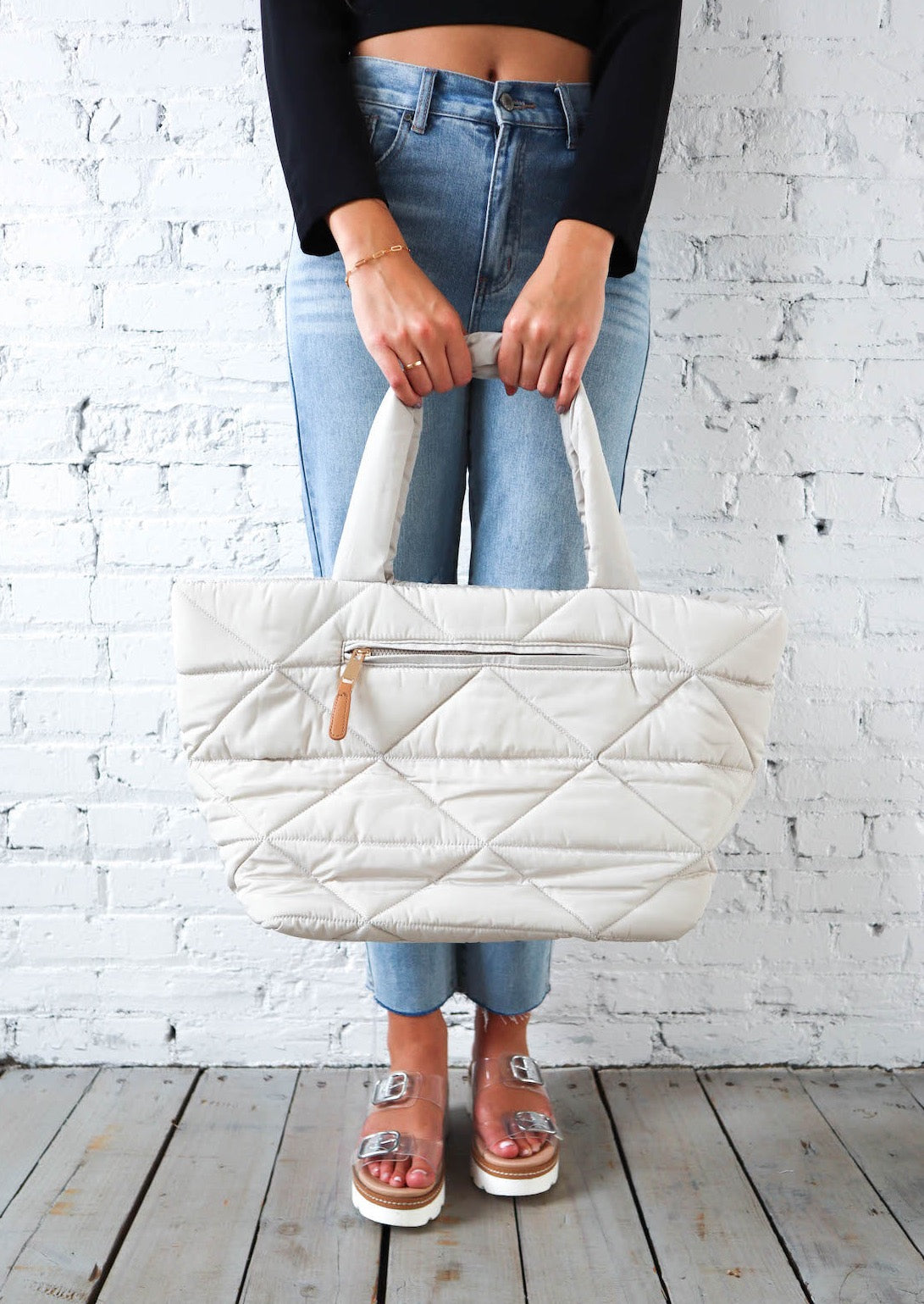 Large Quilted Nylon Tote - Chalk