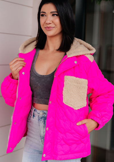 hot pink puffer jacket with sherpa