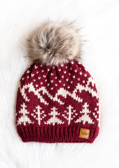 Burgundy w/ Beige Winter Pattern Pom Hat