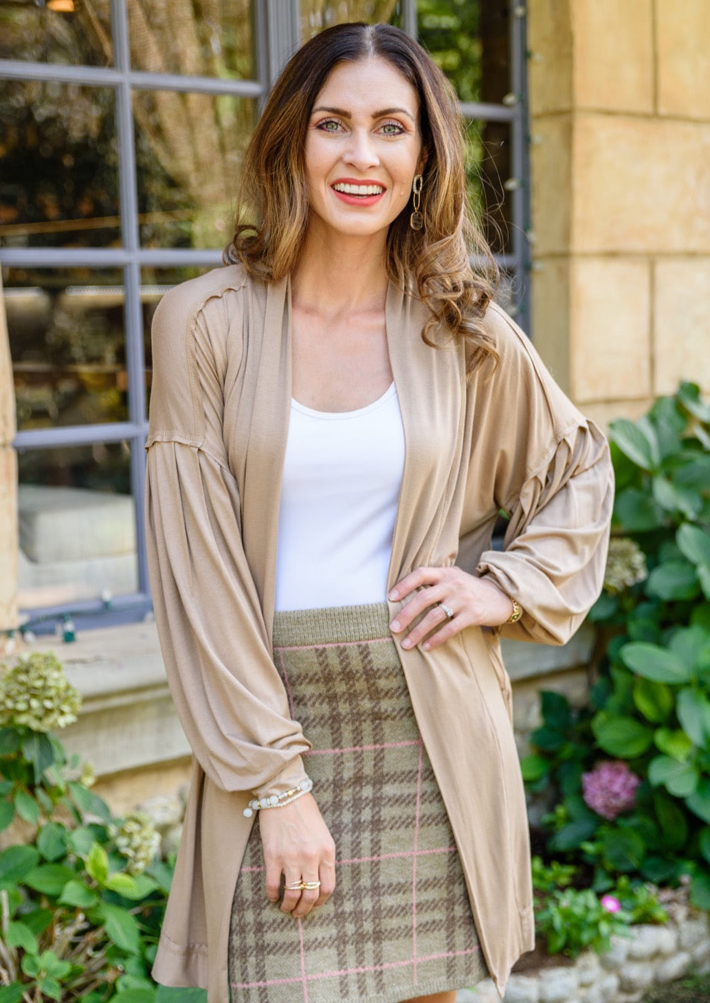 Stefanie Open Front Balloon Sleeve Cardigan In Taupe
