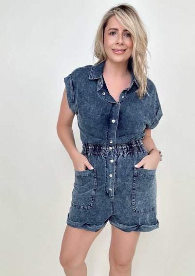 Short Sleeve Buttoned Front Woven Romper