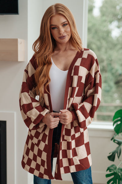 Checkered brown and tan cardigan