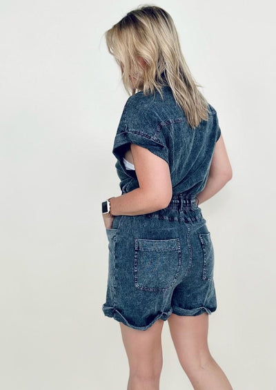 Short Sleeve Buttoned Front Woven Romper