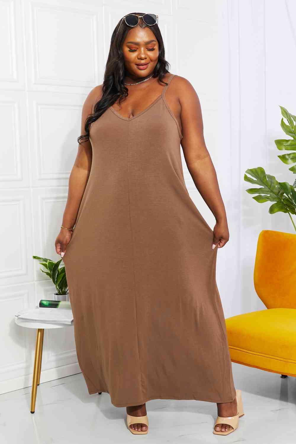 Kylie Full Size Beach Vibes Cami Maxi Dress in Mocha