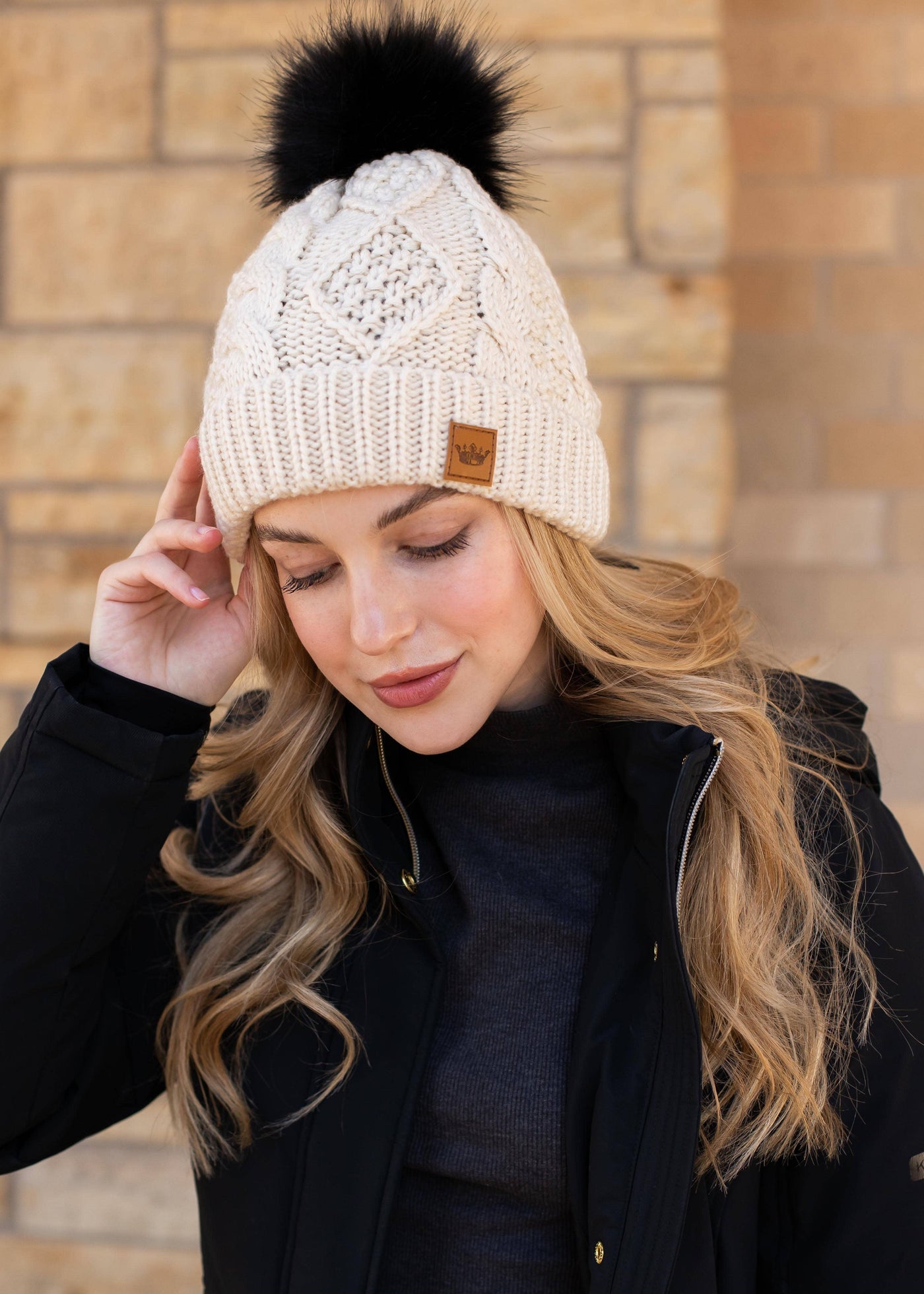 Ivory Cable Knit with Black Pom Hat