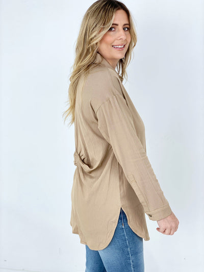 "Twisted Tunic" Solid Button Down Tunic Shirt