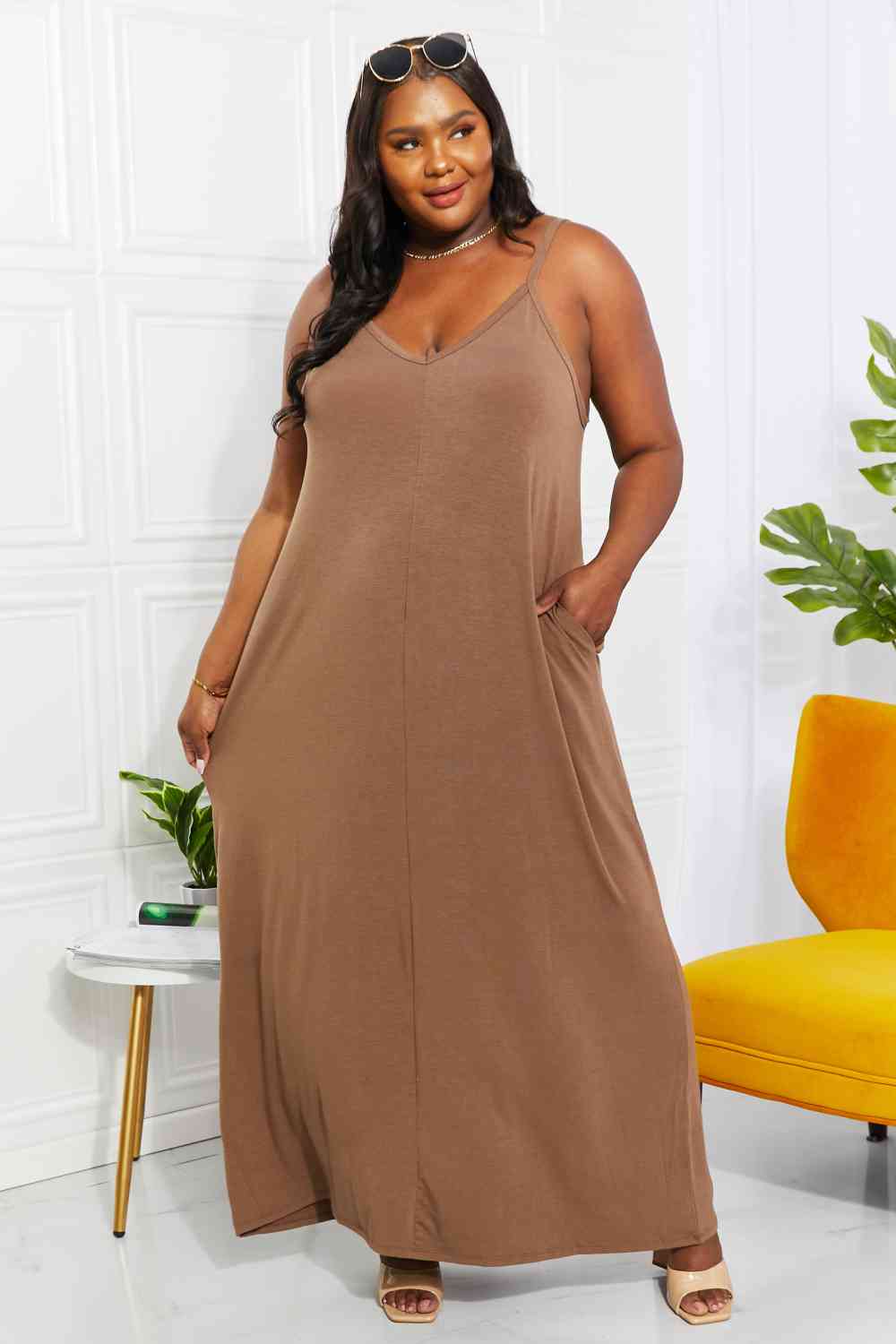 Kylie Full Size Beach Vibes Cami Maxi Dress in Mocha