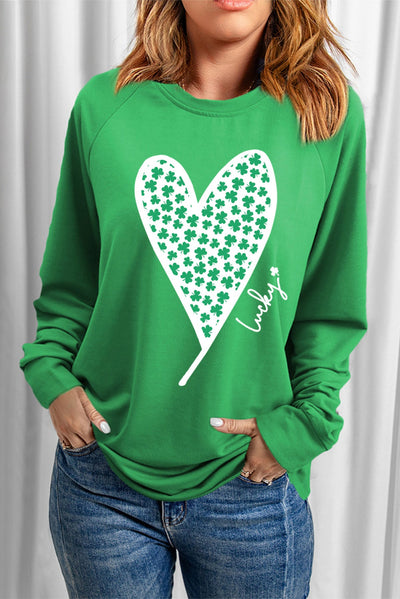 Lucky Clover Heart Graphic Raglan Sleeve Sweatshirt