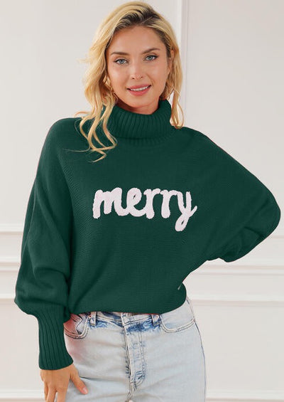 Merry Letter Embroidered High Neck Sweater