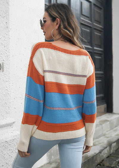 Striped V-Neck Drop Shoulder Sweater