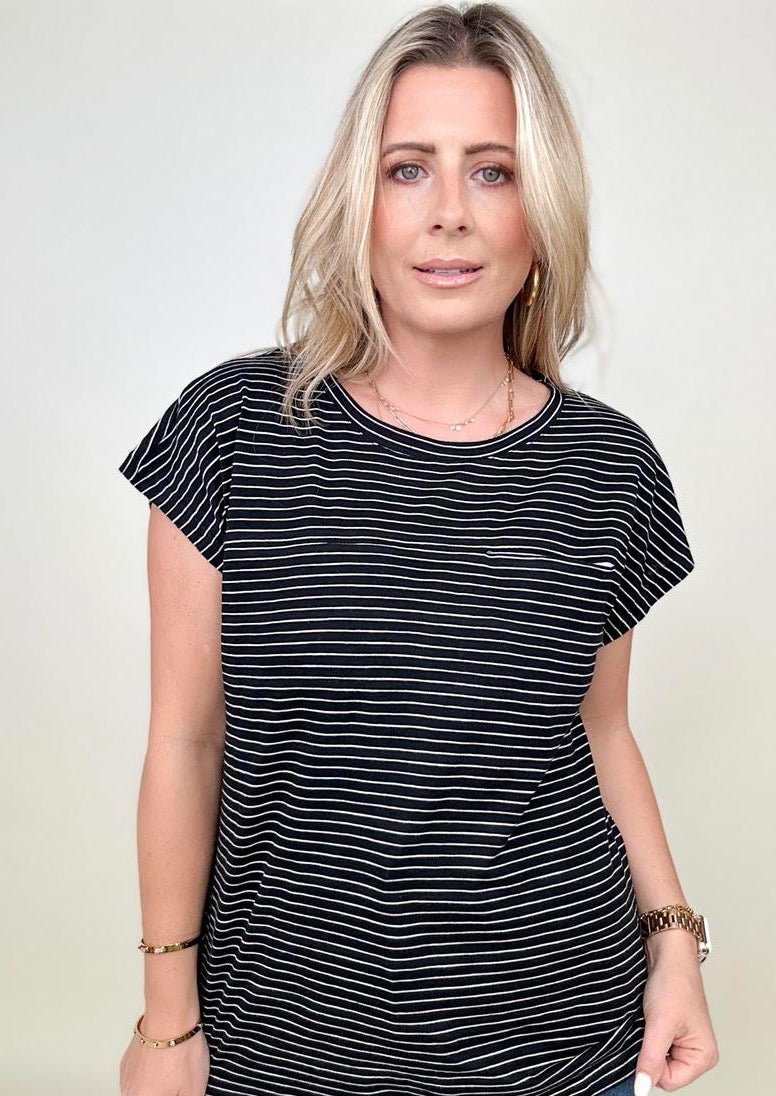 Cotton Bleu Striped Casual Top With Contrast Pocket Detailed